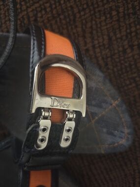 Dior Navy Leather Shoes with Orange Canvas Strap & Silver Hardware Size 38.5 IT
